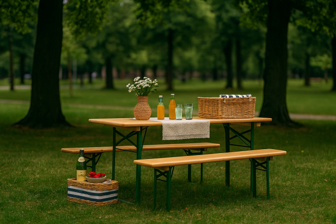 Bierzeltgarnitur, bestehend aus einem Tisch und zwei Bänken